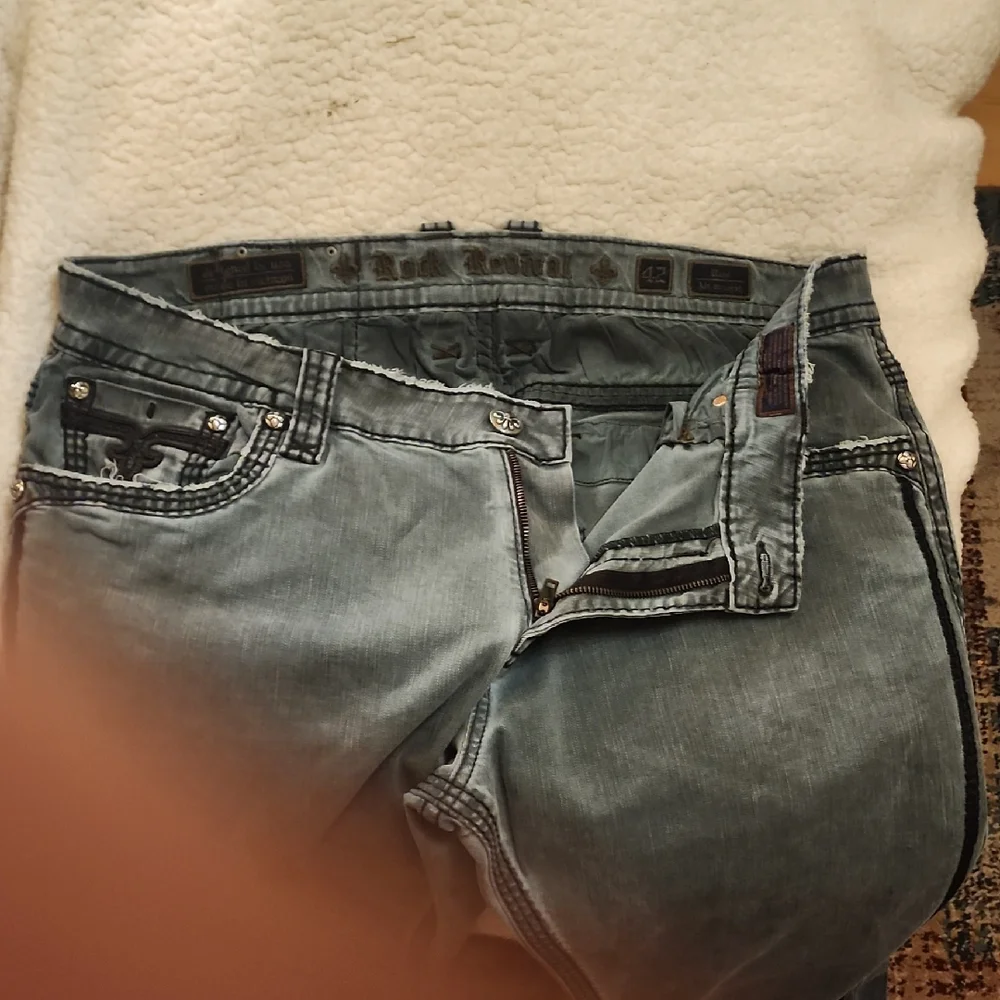 Rock Revival Gray Boot Cut Jeans with Black Embroidery - Picture 3 of 5